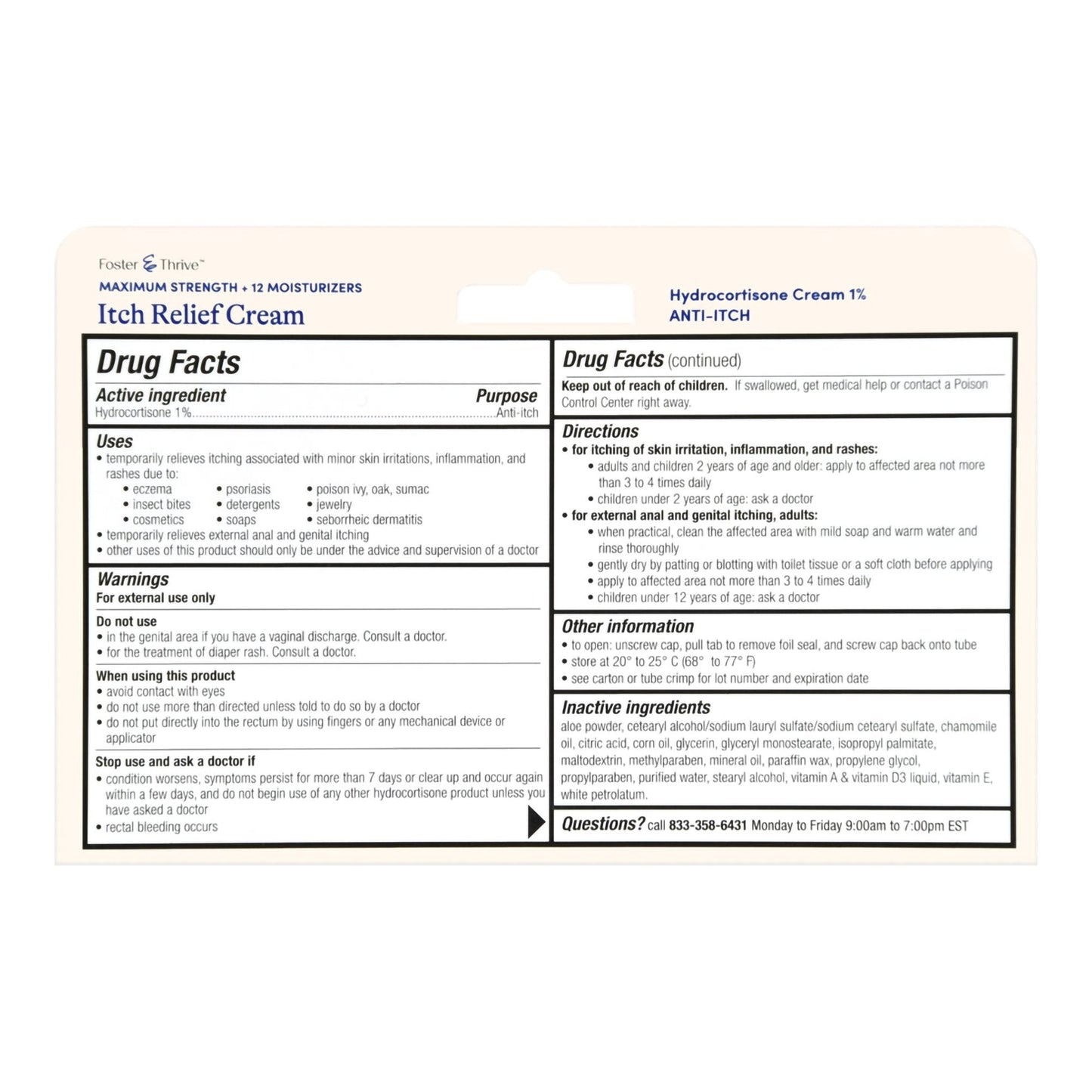 Foster & Thrive 1% Hydrocortisone + 12 Moisturizers Itch Relief Cream
