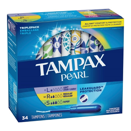 Tampax Pearl Tampons, Multipack Unscented, Light + Regular + Super Absorbency, 34 ct.