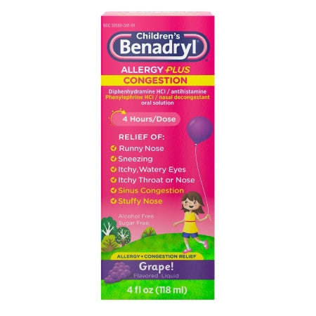 Benadryl Children's Allergy Plus Congestion Relief Liquid, Grape, 4 oz.