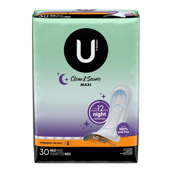 U by Kotex Clean & Secure Overnight Maxi Pads, 30 ct.