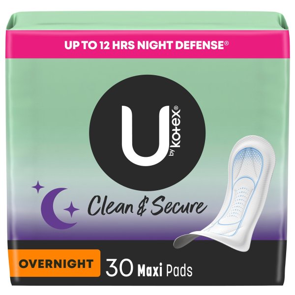 Kotex U by Kotex overnight maxi pads packaging with green and purple design.