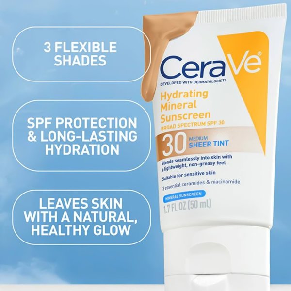 CeraVe Hydrating Mineral Facial Sunscreen SPF 30, Sheer Tint, 1.7 oz.