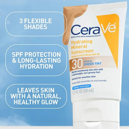 CeraVe Hydrating Mineral Facial Sunscreen SPF 30, Sheer Tint, 1.7 oz.