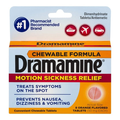 Dramamine Motion Sickness Nausea Relief Chewable, Orange, 8 ct.