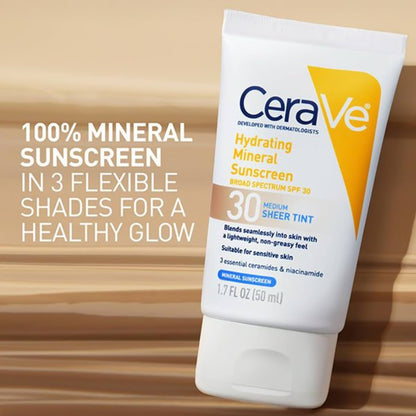 CeraVe Hydrating Mineral Facial Sunscreen SPF 30, Sheer Tint, 1.7 oz.