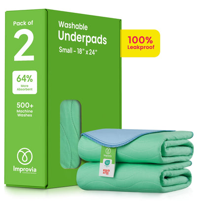 Improvia Washable Underpads, Heavy Absorbency, Green, 2 ct