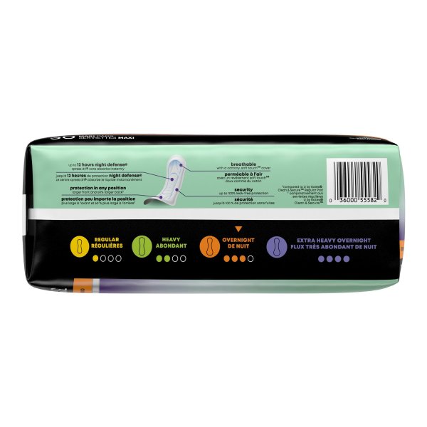 U by Kotex Clean & Secure Overnight Maxi Pads, 30 ct.