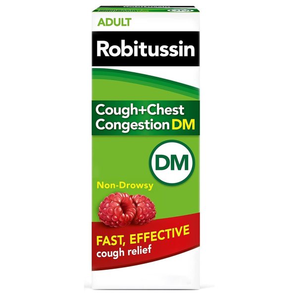 Robitussin Adult Cough + Chest Congestion DM Liquid, Raspberry, 4 oz.