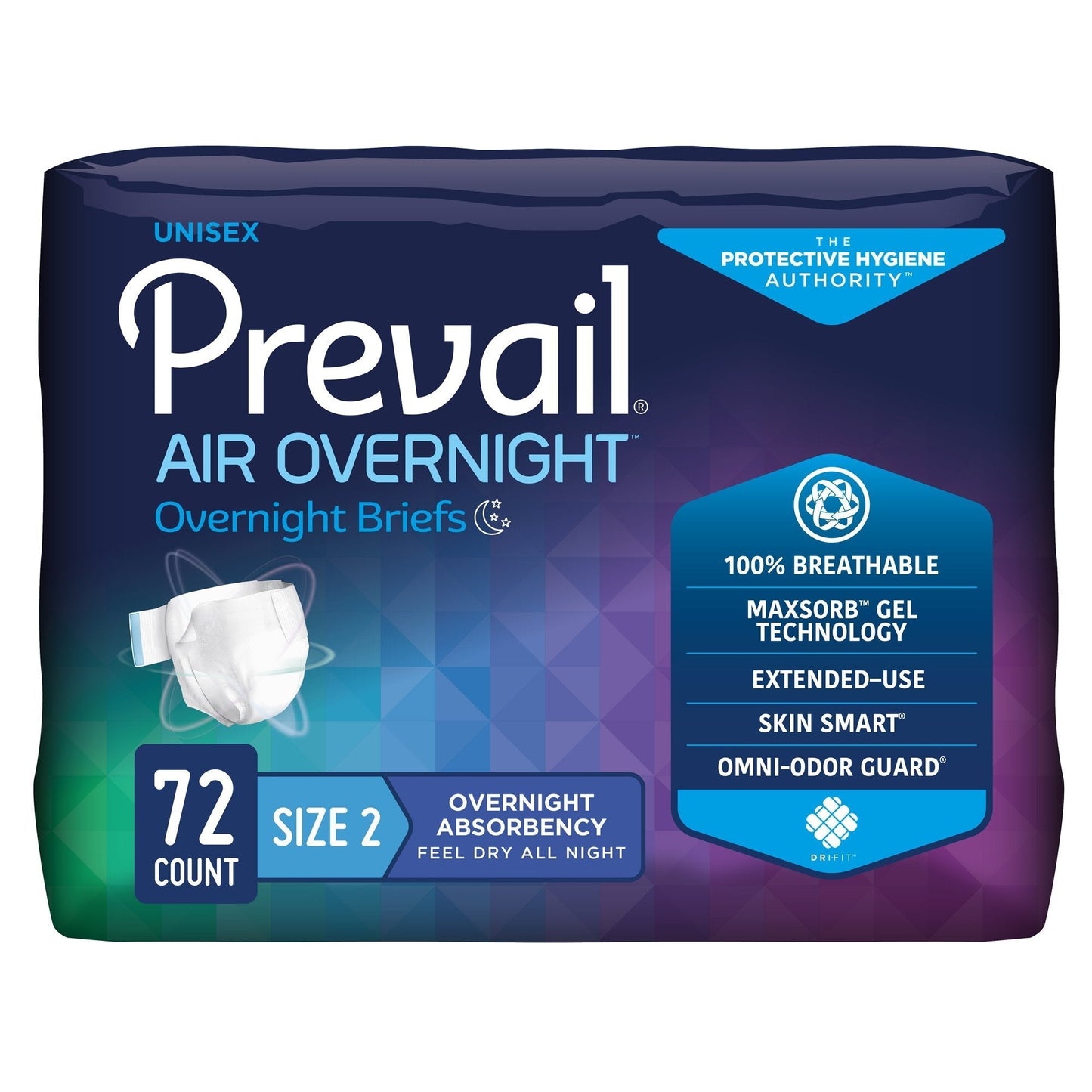 Prevail AIR Overnight Briefs, Heavy Absorbency, Unisex Adult, Disposable, Size 2, 45 to 62 Inch, Large, Orange, 72 ct