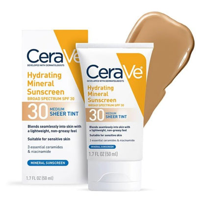 CeraVe Hydrating Mineral Facial Sunscreen SPF 30, Sheer Tint, 1.7 oz.