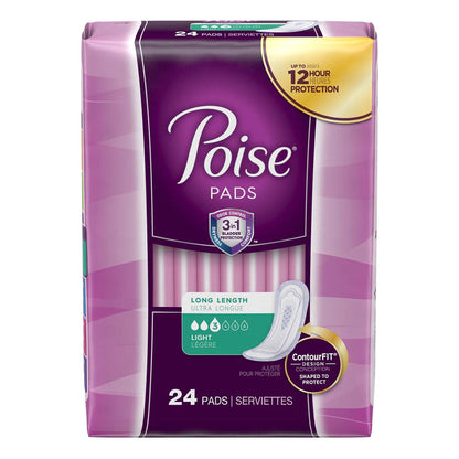 Poise Bladder Control Pad, Long, Light Absorbency, Disposable, Absorb-Loc Core, Female, One Size Fits Most, 24 ct