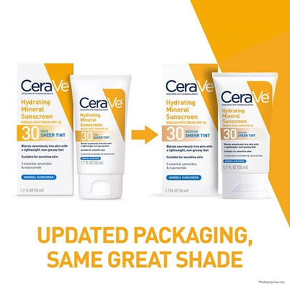 CeraVe Hydrating Mineral Facial Sunscreen SPF 30, Sheer Tint, 1.7 oz.