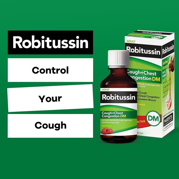 Robitussin Adult Cough + Chest Congestion DM Liquid, Raspberry, 4 oz.