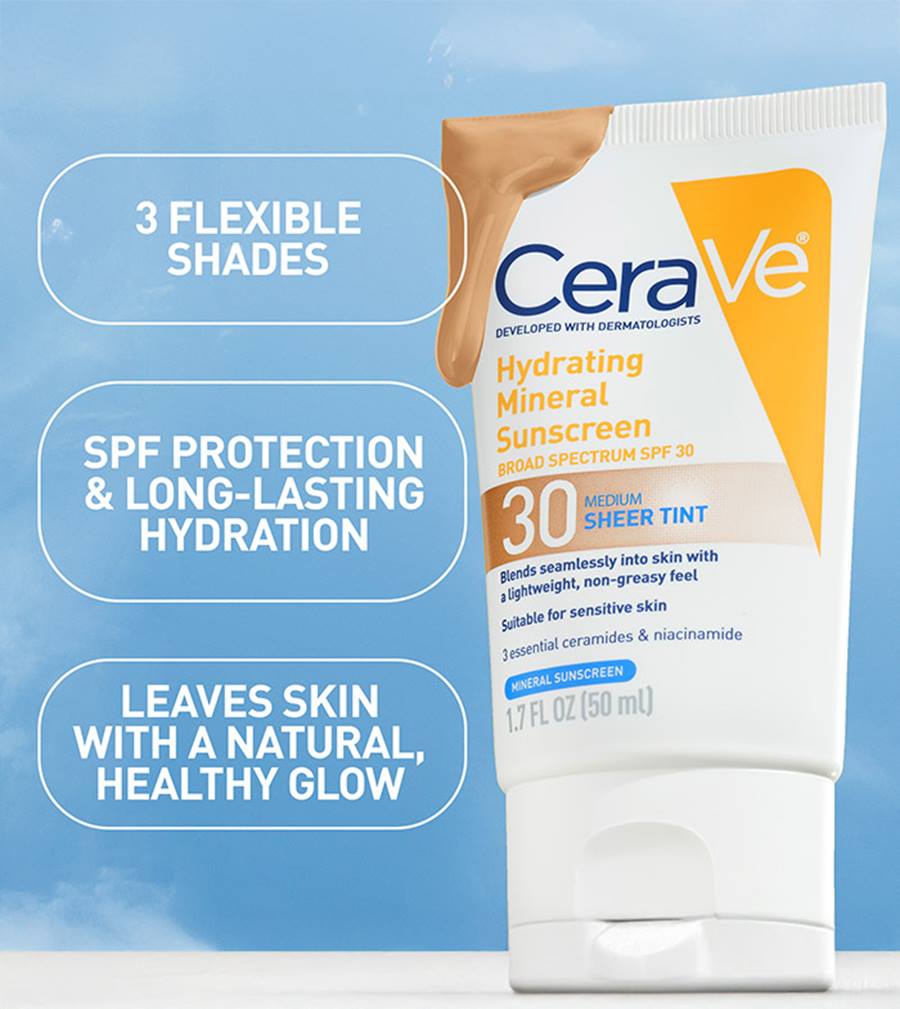 CeraVe Hydrating Mineral Facial Sunscreen SPF 30, Sheer Tint, 1.7 oz.