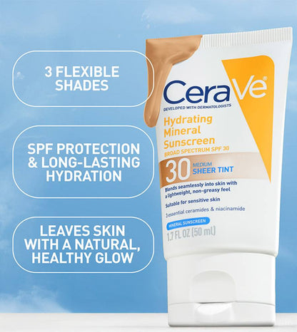 CeraVe Hydrating Mineral Facial Sunscreen SPF 30, Sheer Tint, 1.7 oz.