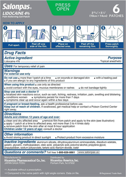 Salonpas® 4% Lidocaine Topical Pain Relief Gel Patch, 6 count