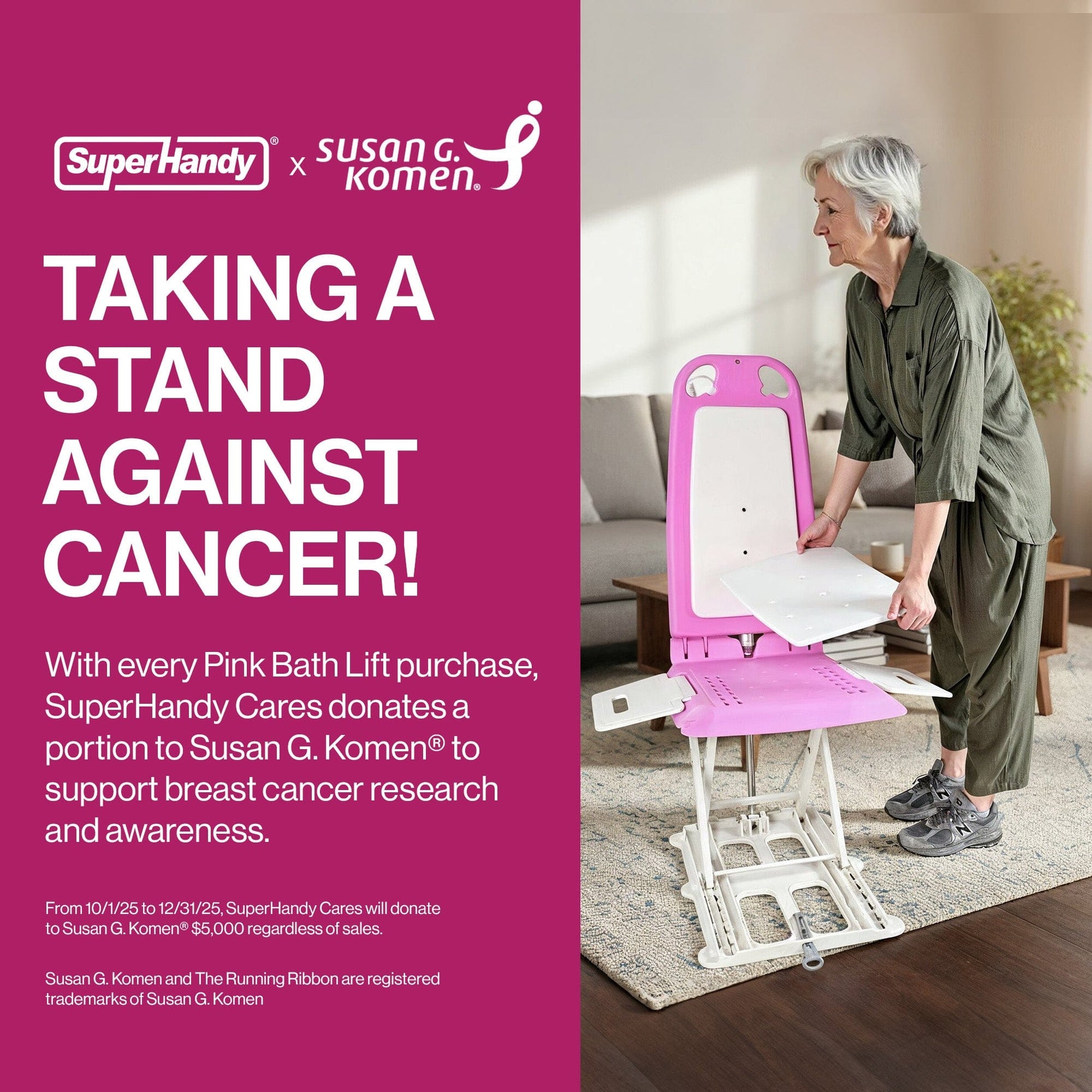 SuperHandy GoRise LT Portable Floor & Bath Lift – Pink Susan G. Komen® Edition – Lightweight (19 lbs), 330 lb Capacity, IP68 Waterproof