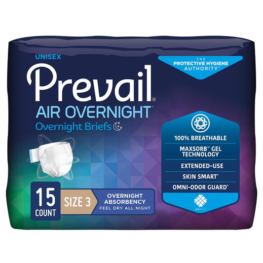 Prevail AIR Overnight Briefs, Heavy Absorbency, Unisex Adult, Disposable, Size 3, 58 to 70 Inch, Grey, 60 ct